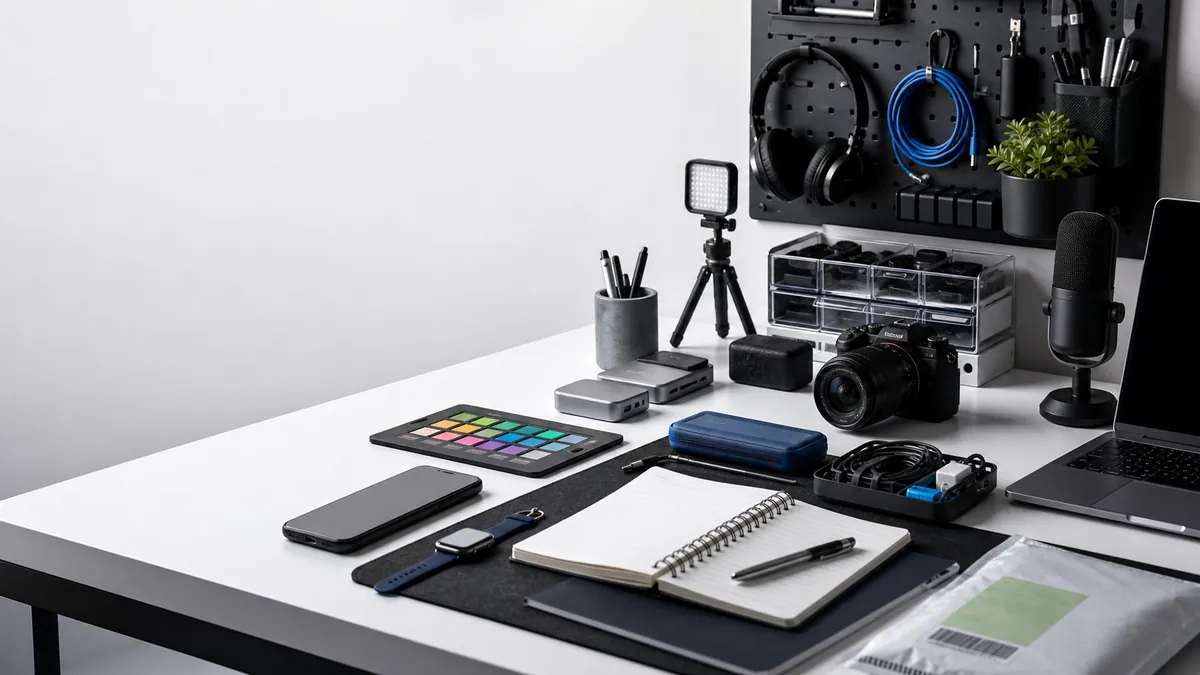 A clean product testing bench with creator gear, gadgets, notes, and camera equipment